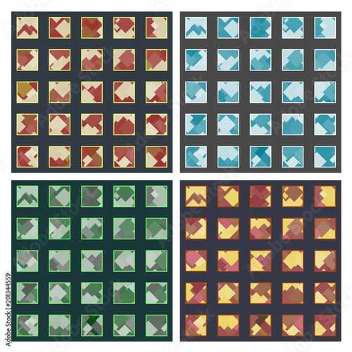 Set of four seamless patterns with grid-sorted squares and lot of rhombuses inside, several color ideas