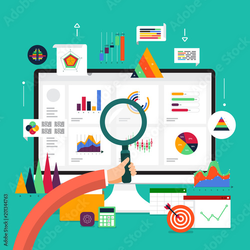 Flat design concept data analysis. Visualize with graph and chart marketing growth. Vector illustration.