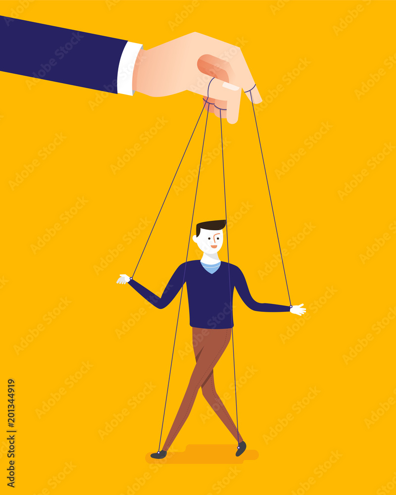 Obraz premium Business concept illustration of big hand and a businessman being controlled by puppet master.