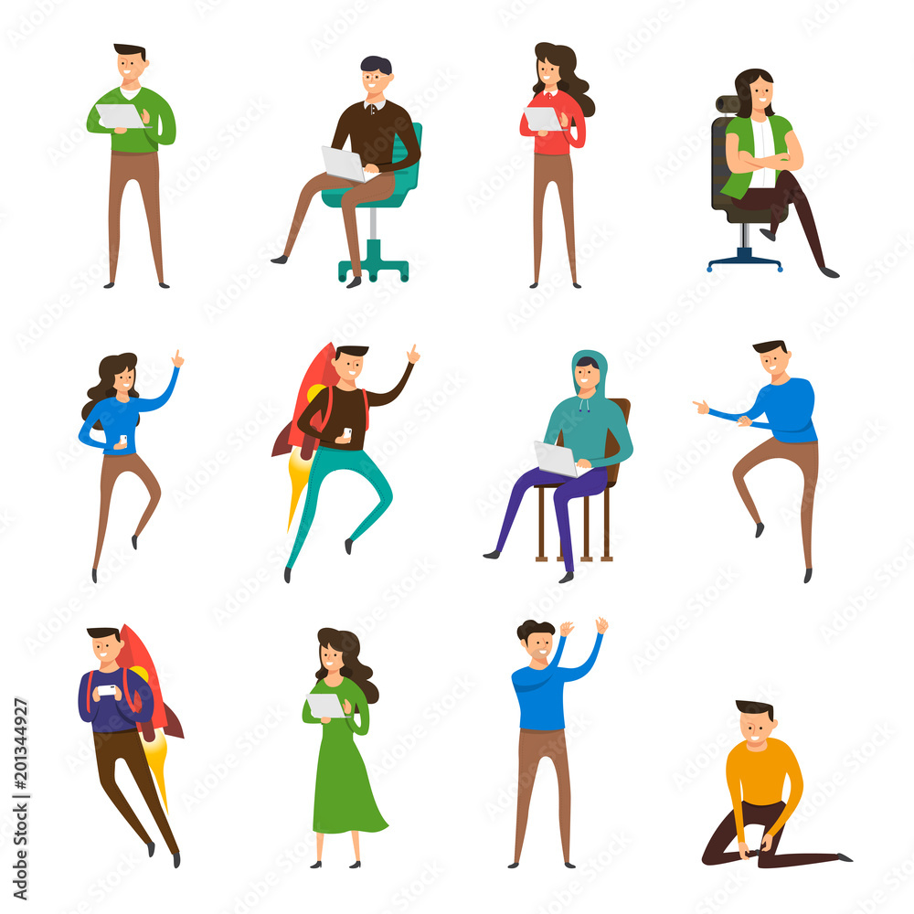 Flat design vector set concept young people working with computer and mobile device. Vector illustrate. Flat design vector set concept young people working with computer and mobile device. Vector illustrate.