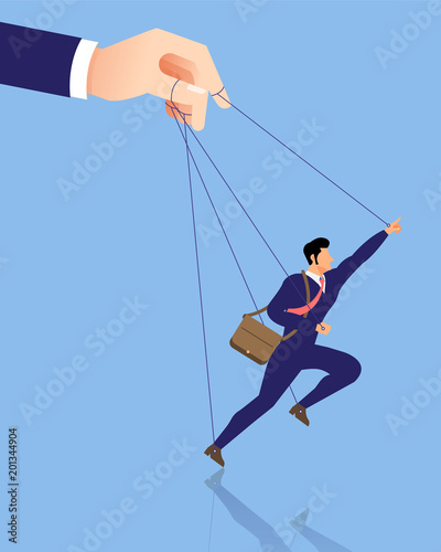 Business concept illustration of big hand and a businessman being controlled by puppet master.