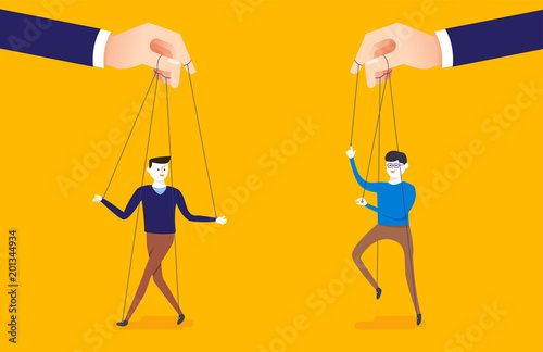 Business concept illustration of big hand and a businessman being controlled by puppet master.