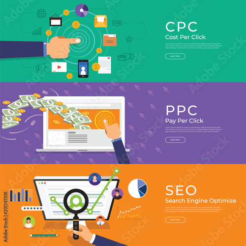 Flat design concept pay per click (ppc), cost per click (cpc) and search engine optimize (seo). Vector Illustrate.