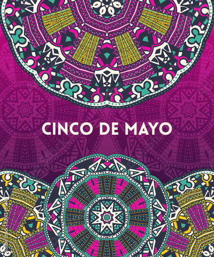 Beautiful greeting card, invitation for Cinco de Mayo festival. Design concept for Mexican fiesta holiday with ornate mandala. Vector illustration 