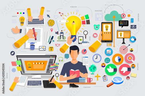 Flat design concept content marketing process start with idea, topic, writing, design and get feedback. Vector illustrate.