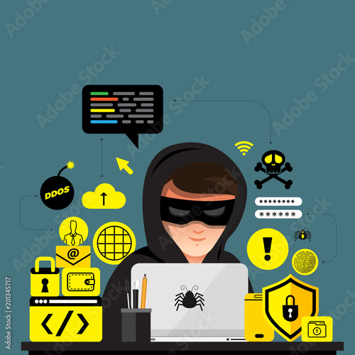 Flat design concept hacker activity cyber thief on internet device. Vector illustrate.