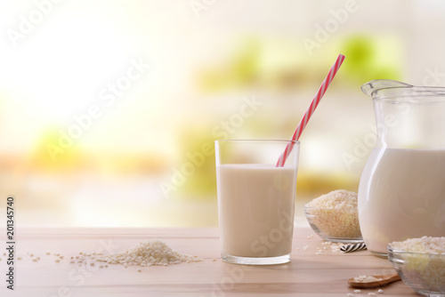 Drink of rice in a glass with straw
