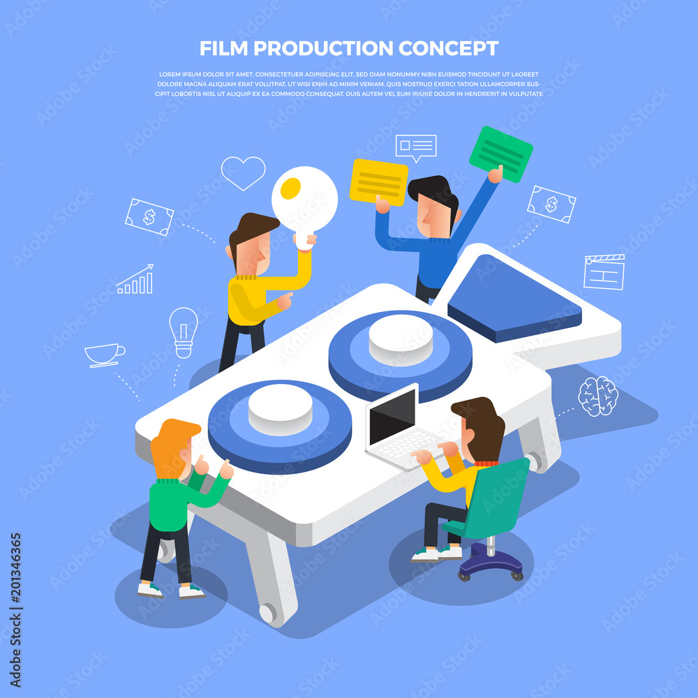 Flat design concept brainstorm working on desktop icon “Film Production”. Vector illustrate.