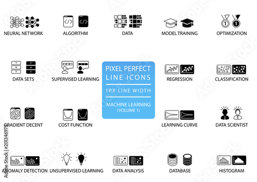 Pixel perfect thin line icons and symbols for machine learning / deep learning / artificial intelligence.