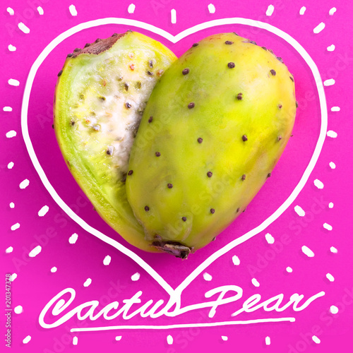 Prickly Pear cut in half and arranged into a heart shape. Also known as a Cactus pear..Handmade heart shape and words 
