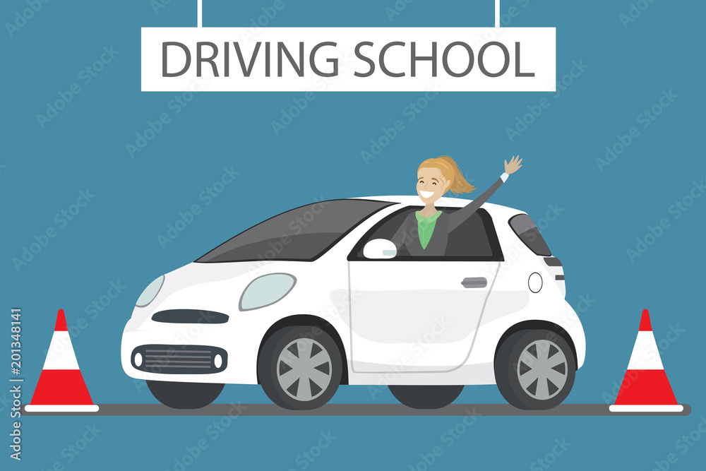 Plakat Happy cartoon caucasian female siting in white driving school car outdoor