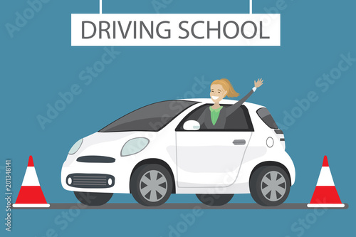 Happy cartoon caucasian female siting in white driving school car outdoor