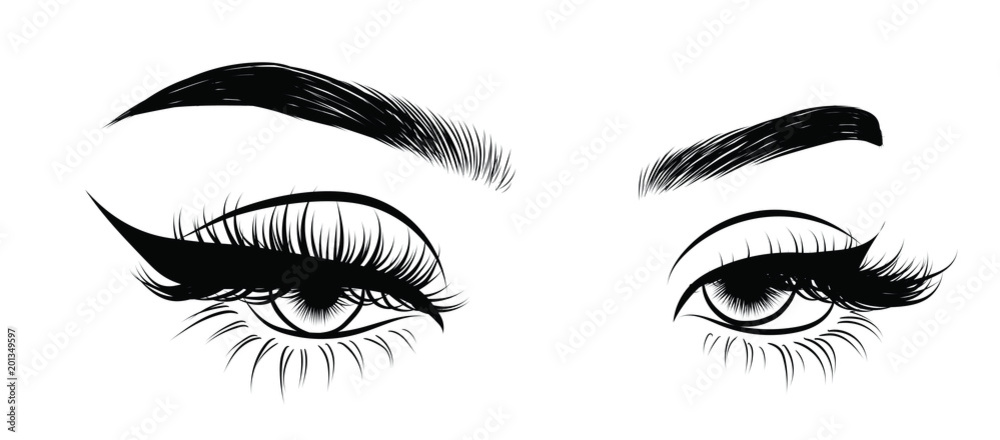 Illustration of woman's sexy luxurious eye with perfectly shaped eyebrows and full lashes. Hand-drawn Idea for business visit card, typography vector. Perfect salon look. Illustration of woman's sexy luxurious eye with perfectly shaped eyebrows and full lashes. Hand-drawn Idea for business visit card, typography vector. Perfect salon look.