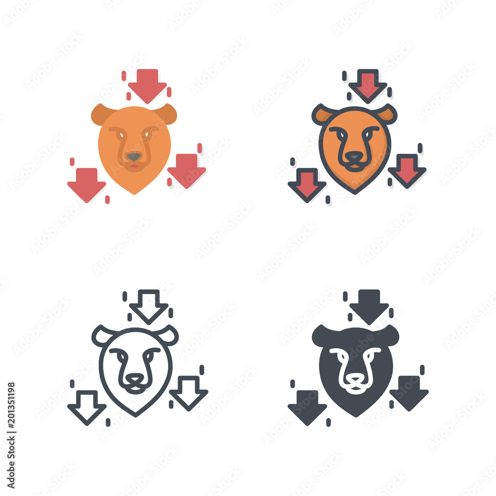 Bear trend trading flat vector colored line silhouette
