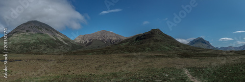 Panoramic landscape of Red Cuillin mountains.