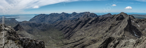 Dramatic panoramic view of mountain peaks on a sunny day.