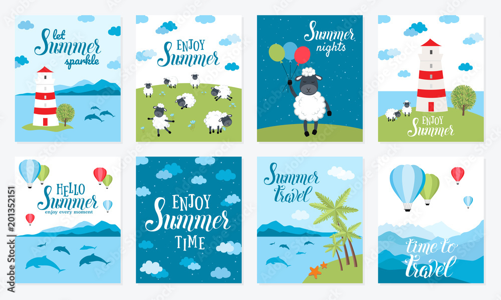 Summer vector cards with hot air balloon in the sky with clouds, lighthouse, sheeps