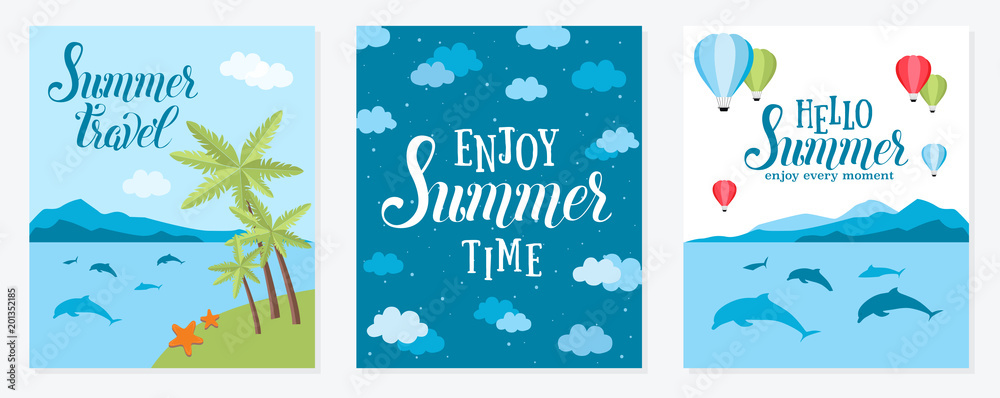 Summer vector cards with hot air balloon in the sky with clouds, lighthouse