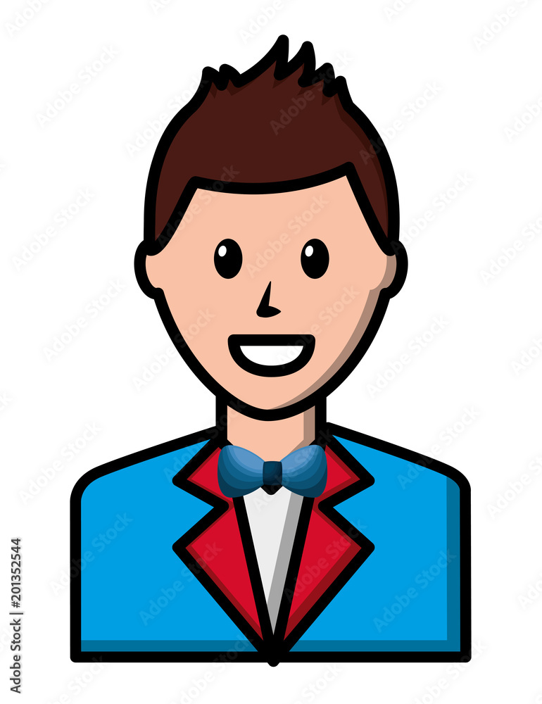 happy man character elegant wit suit and bowtie vector illustration