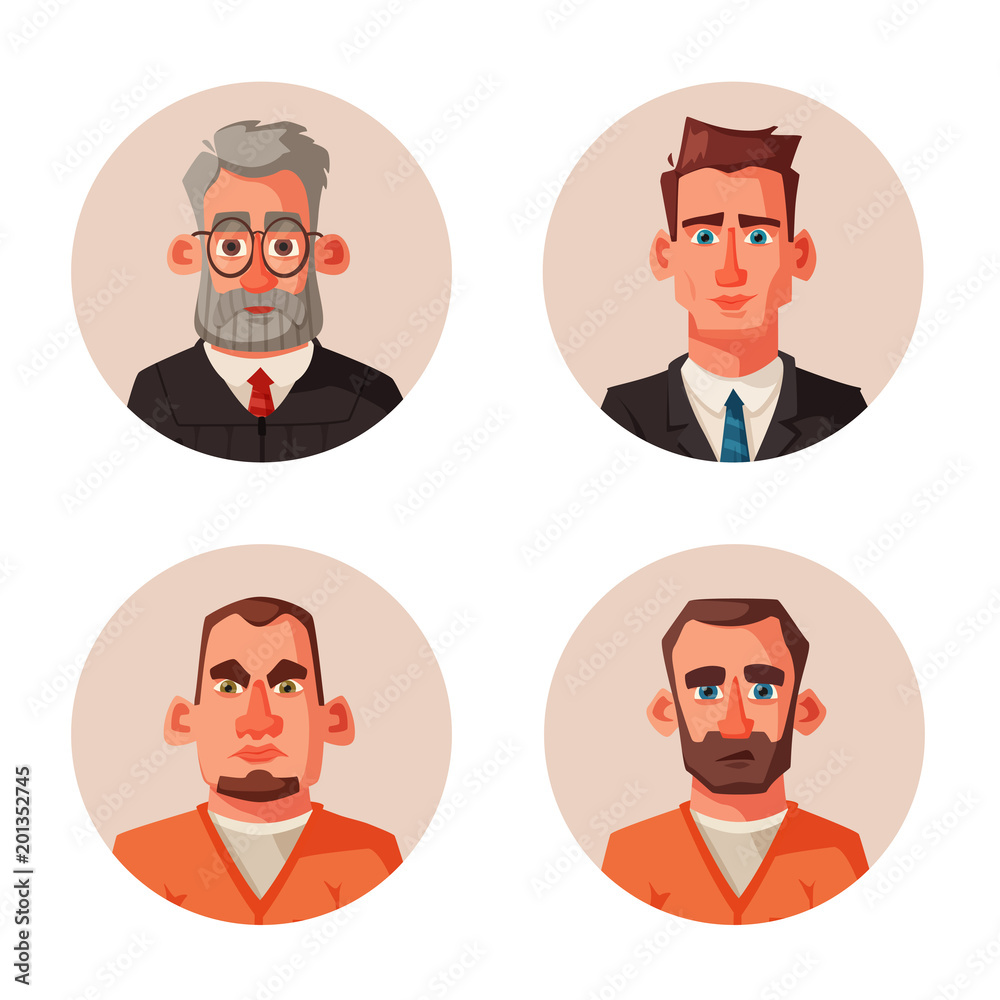 Judge character with hammer, lawyer and defendant. Cartoon vector illustration Judge character with hammer, lawyer and defendant. Cartoon vector illustration