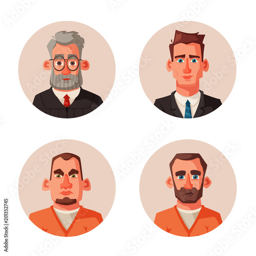 Judge character with hammer, lawyer and defendant. Cartoon vector illustration