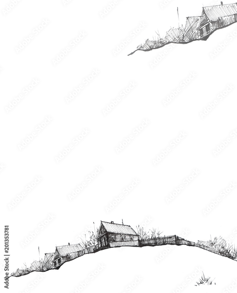 Fototapeta premium Country landscape. Graphic work with ink. Black and white drawing of houses, a fence, bushes. On white isolated background. Winter, autumn landscape. Vintage postcard, card, logo.