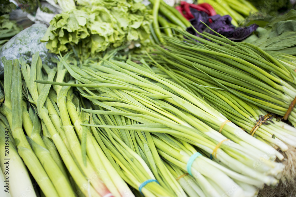 Green salad and onion, garlic, herbs on the market for sale.