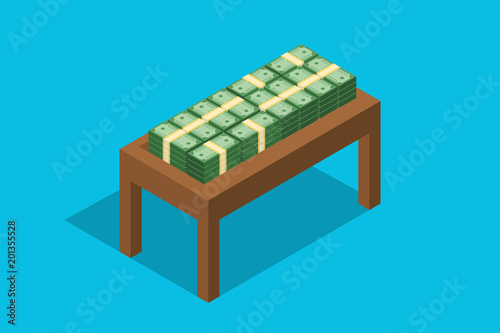 cash stack money on top of wooden table flat style