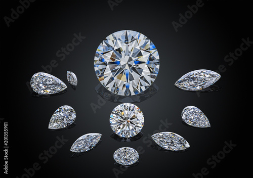 Set of luxury colorless transparent sparkling gemstones of various cut shape diamonds collage isolated on black background photo