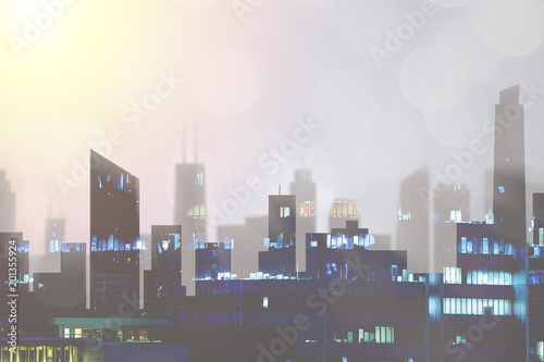 Population grown and city planning.  Highrise urban development and skyline with sun in evening with copyspace for text.