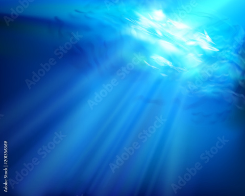 Underwater view. Sun rays. Vector illustration.