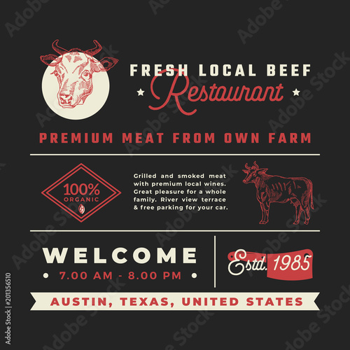 Fresh Local Beef Restaurant Signs  Titles  Inscriptions and Menu Decoration Elements Set. Premium Quality Retro Typography Layout with Hand Drawn Icons. Vintage Cow Label Template.