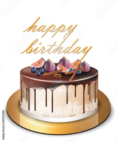 Happy Birthday modern cake with fig fruits Vector. Delicious dessert sweet de...