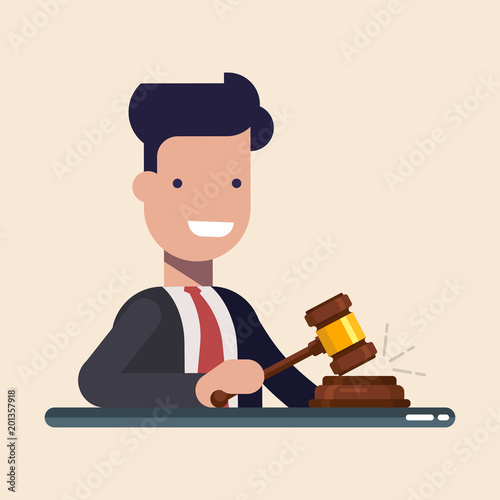 Business man or manager hold in hands Gavel justice symbol. Flat vector illustration in cartoon style isolated on blue background.