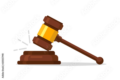 Judge Wood Hammer auction, judgment. Wooden judge ceremonial hammer of the chairman with curly handle, for adjudication of sentences and bills, court, justice, with a wooden stand.