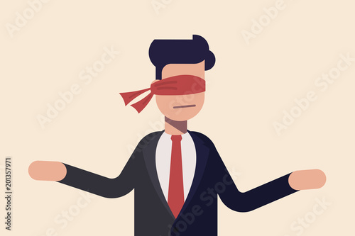 Covered eye. Blindfolded with red cloth. Concept indecisive businessman or manager standing blind before a choice.
