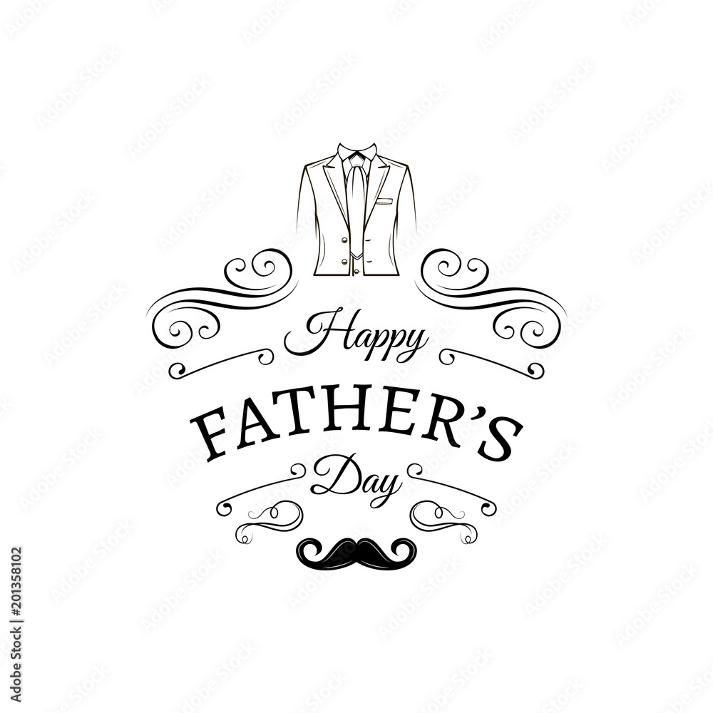 Father day greeting card. Classic man suit, Necktie. Swirls, ornate frame, filigree elements. Dad greeting card. Vector.