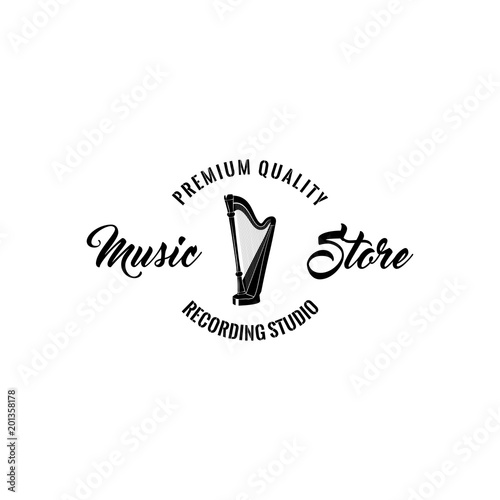 Harp icon. Music store emblem logo label. Premium quality inscription. Musical instrument. Vector.