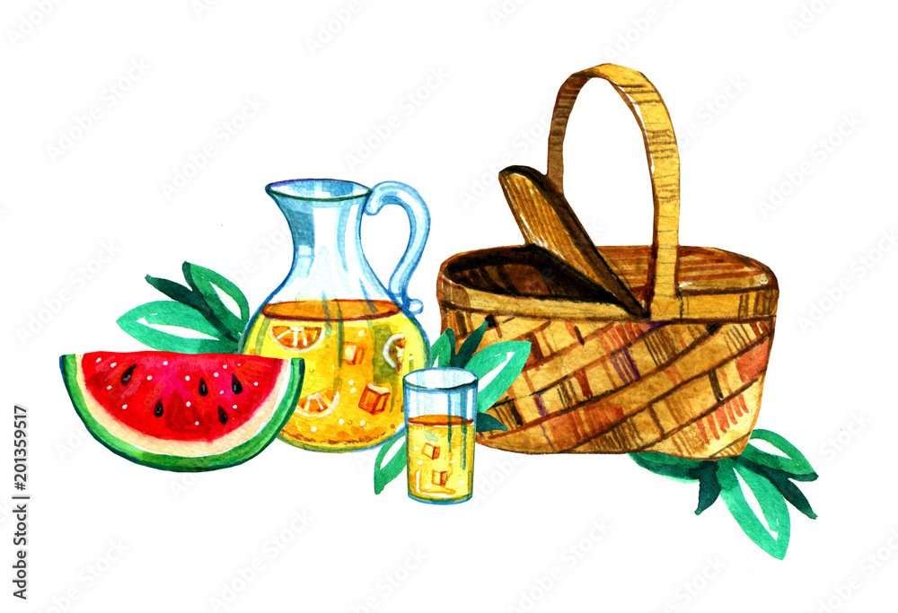 Hand drawn watercolor illustration with basket, lemonade and watermelon. Picnic, summer eating out and barbecue