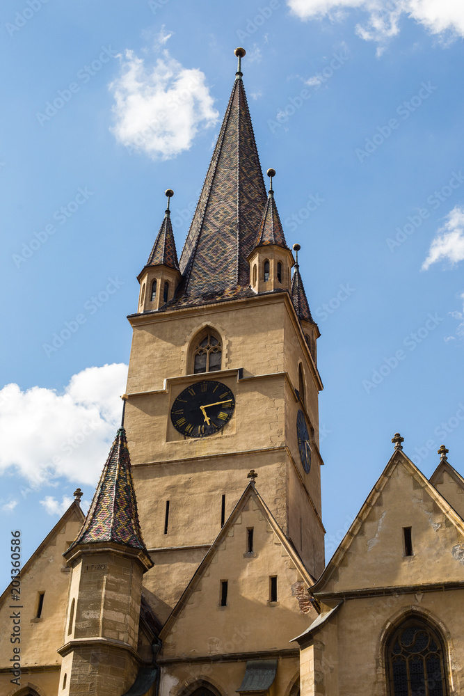 Tower of Lutheran cathedral of Saint Mary in Romanian Sibiu