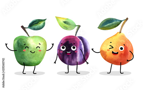 Watercolor cute fruit characters.