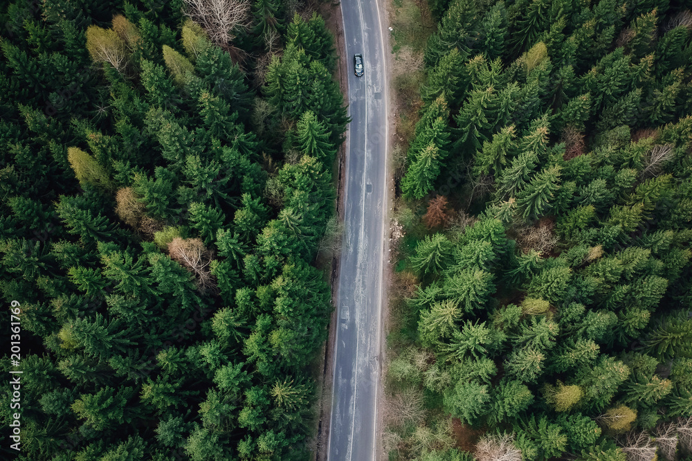 Summer aerial view of mountain road at sunrise