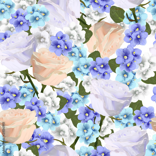 Vector seamless pattern with violets and roses flowers Modern floral vector art in watercolor style for sales, 8 March, wedding, Valentine's Day, Mother's Day.
