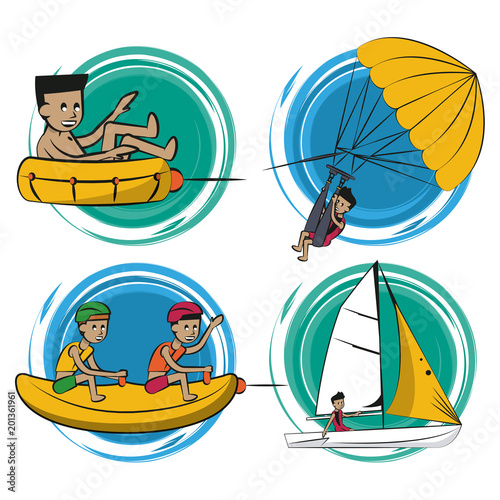 Set of water sports cartoons on round icons vector illustration graphic design