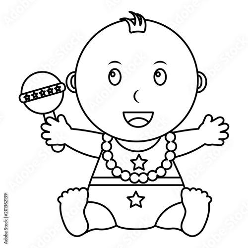cute little baby boy sitting holding rattle toy vector illustration outline