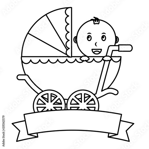 cute little boy in pram transport emblem baby shower vector illustration outline