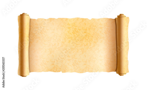 Old textured wide papyrus scroll on white