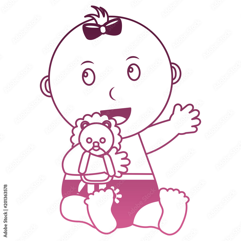 cute little baby girl embraced lion toy vector illustration degraded pink color