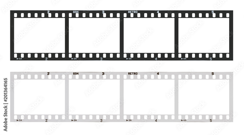 film strip with frames, empty black and white 135 type (35mm) in negative and positive isolated on white background with work path.