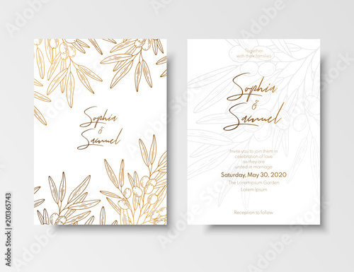 Wedding vintage invitation, save the date card with golden berries and branches sea buckthorn. Elegant gold botanical plant. Gold card template for save the date, invite, greeting card, place for text